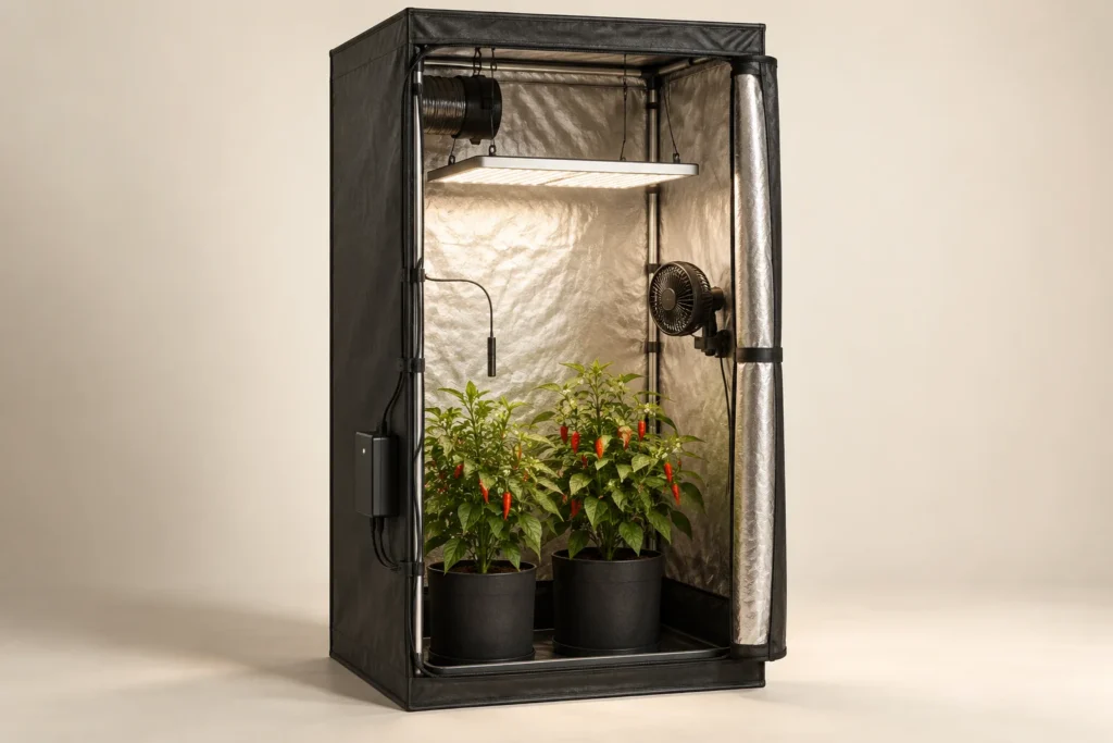 Charcoal Compact grow tent with suspended LED, ventilation and potted chili plants