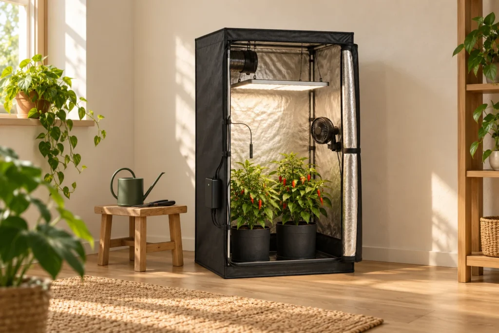 Compact grow tent in a home corner beside a watering can and wooden stool