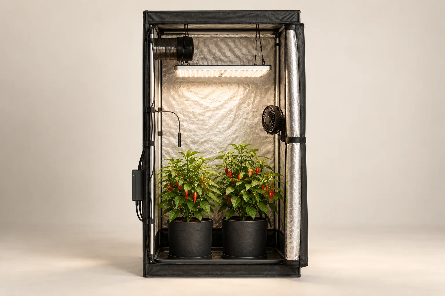 Front view of the Compact tent with light, airflow equipment and two black pots