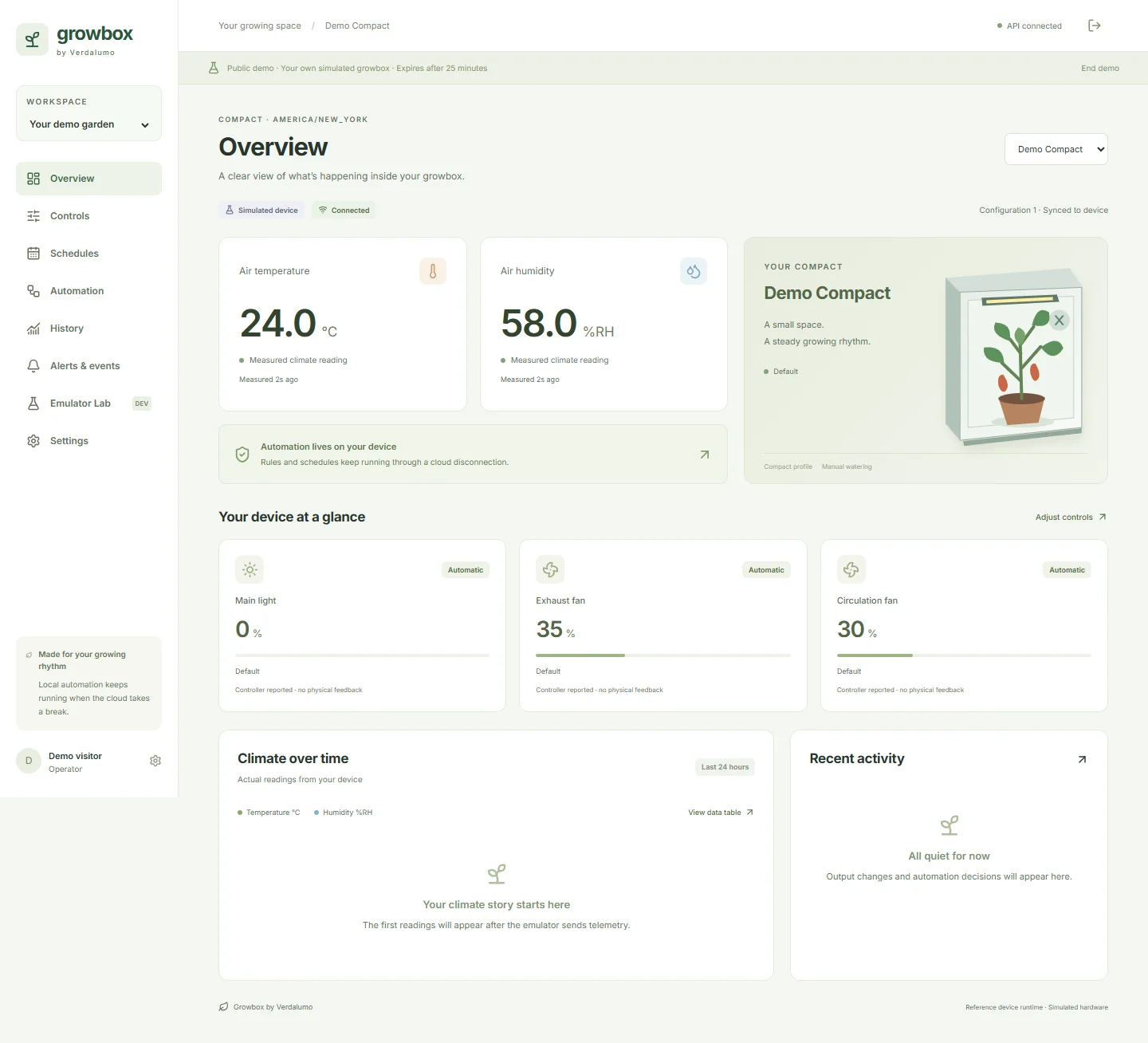 Actual Growbox application overview with readings from a simulated device