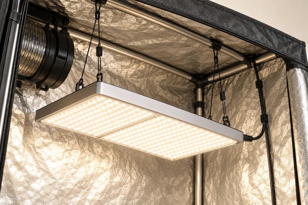 LED panel suspended from the upper frame of the reflective grow tent