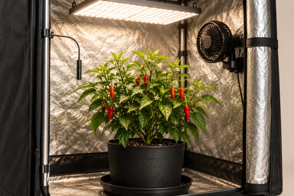Compact chili plant with green leaves and a few ripe red peppers inside a tent