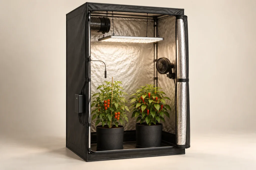 Wider Plus grow tent with compact tomato and pepper plants in black pots