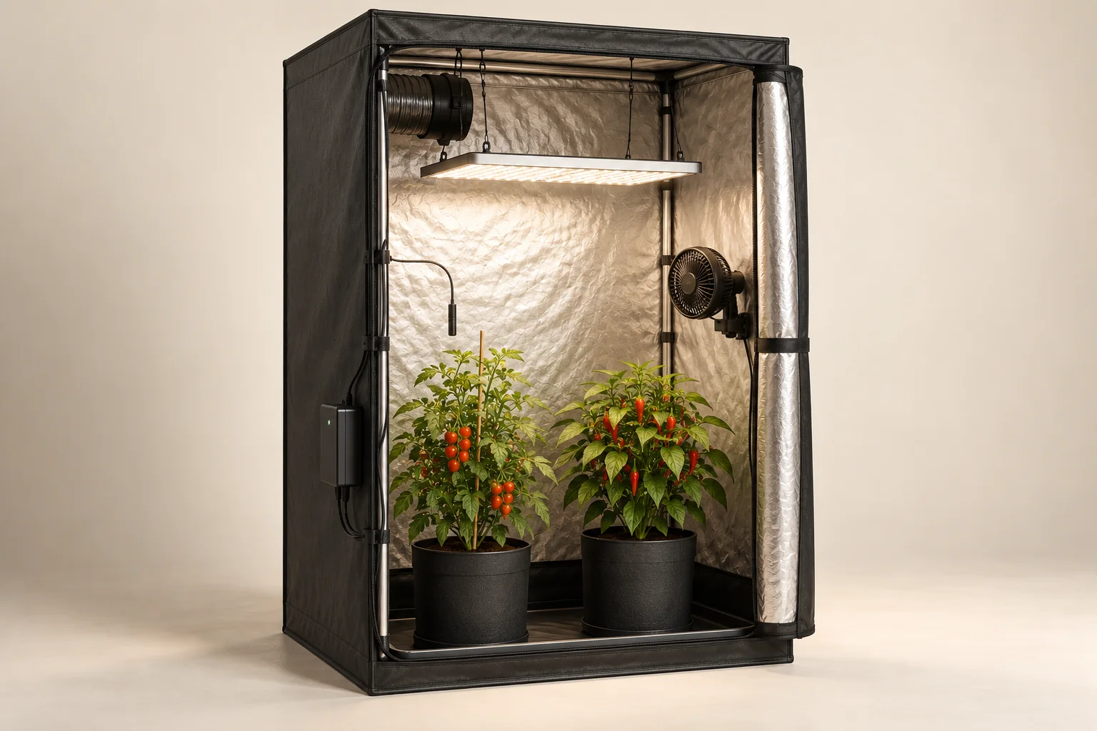 Wider Plus grow tent with compact tomato and pepper plants in black pots