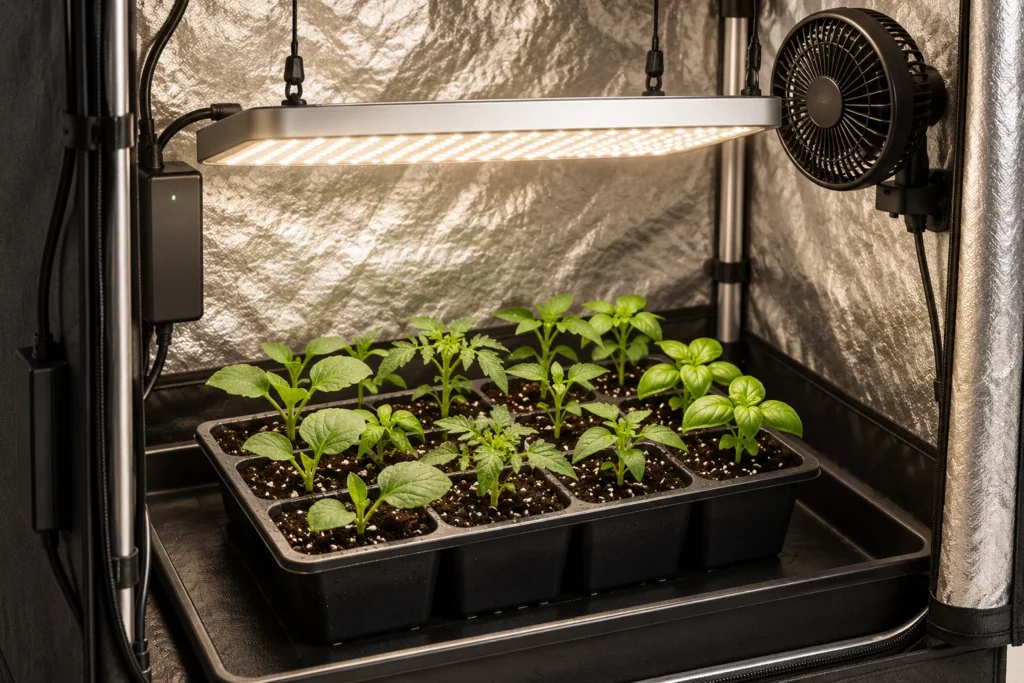 Vegetable seedlings in a tray beneath a securely suspended grow light