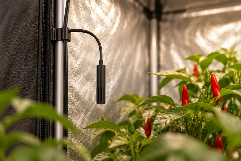 Wired air probe secured near the plant canopy inside a grow tent