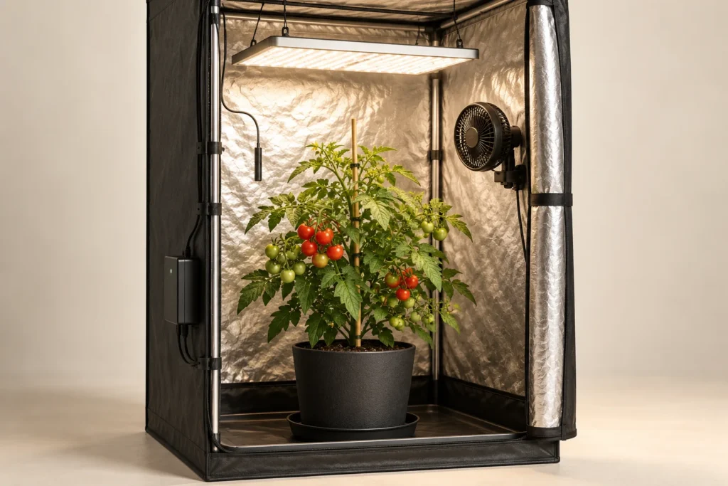 Compact tomato plant in a black pot with a support stake inside a tent